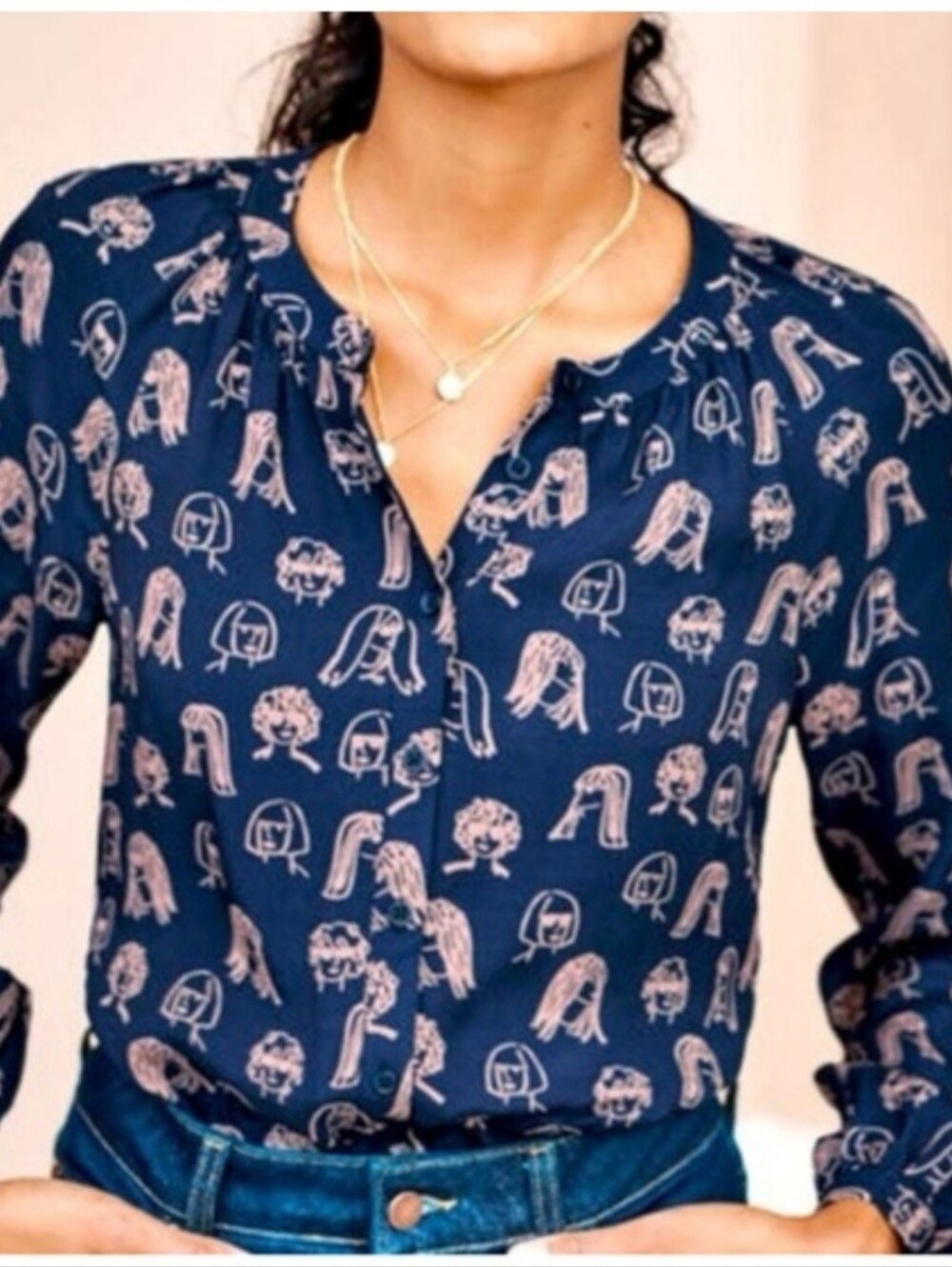 Boden Naomi Blouse In "Chit Chat" Faces Print Size 8 Navy and Pink